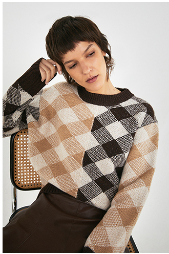 Recycled Diamond Check Crew Knit Jumper