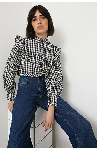 Check Frill Yoke Button Front Blouse