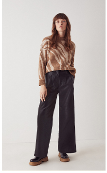 Real Leather Pleat Front Wide Leg Trouser