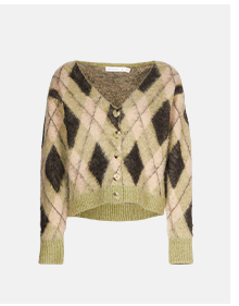 Brushed Argyle V Neck Knit Cardigan