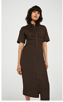Linen Mix Ruched Front Midi Shirt Dress