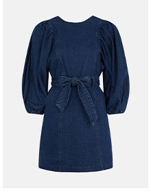 denim volume sleeve belted mini dress