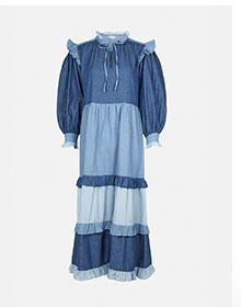 denim patchwork frill detail midi dress