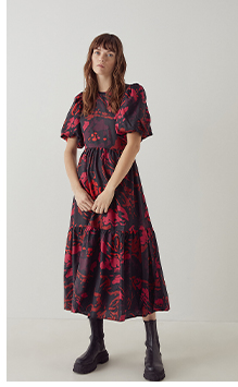 Puff Sleeve Tiered Midi Dress In Floral