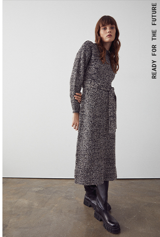 recycled stitchy panel belted knitted dress