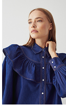 denim ruffle yoke detail shirt