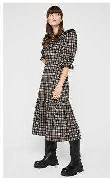 Check Ruffle Detail Puff Sleeve Midi Dress