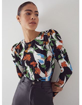 printed seamed puff sleeve top