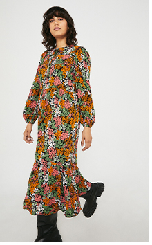 woven long sleeve floral collar mid idress