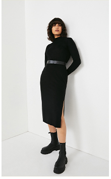 cashmere blend funnel neck belted dress