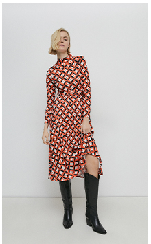 funnel neck geo print pleated dress