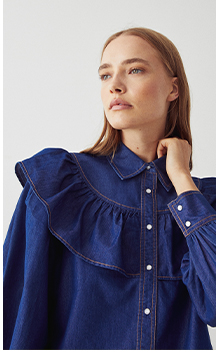 denim ruffle yoke detail shirt