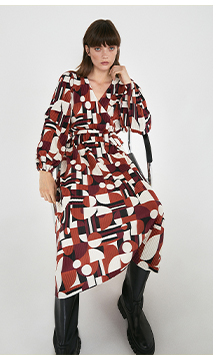plisse balloon sleeve printed wrap dress