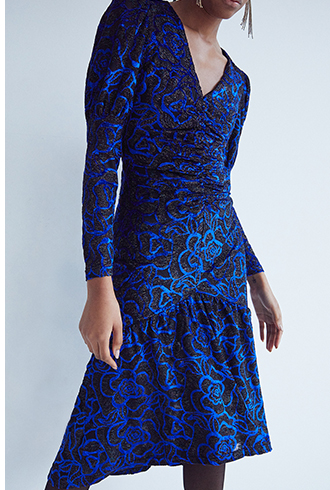 metallic floral jacquard v neck midi dress