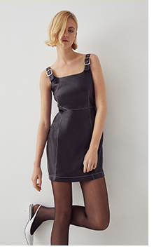 faux leather buckle shoulder shift dress
