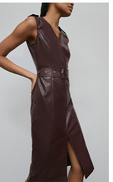 faux leather belted pencil dress