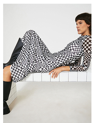 printed mesh ruched front long sleeve dress