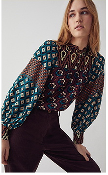 retro print mix volume sleeve blouse