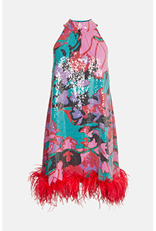 floral sequin halter neck feather mini dress