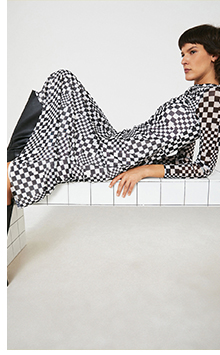 printed mesh ruched front long sleeve dress