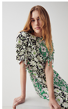 satin ruched splice midi dress in floral