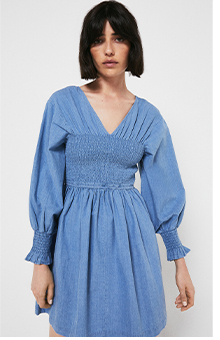 Smocked Waist Puff Sleeve Mini Denim Dress