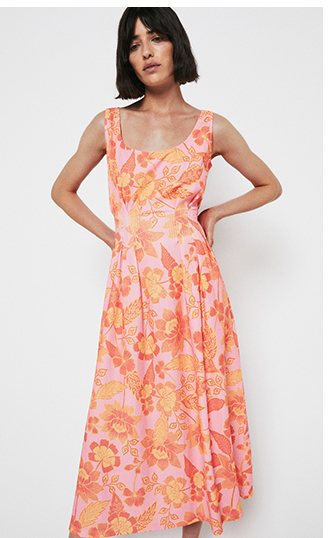 Printed Pleat Detail Midi Dress