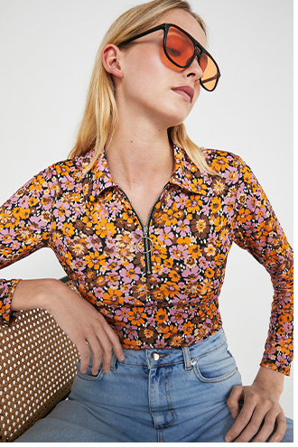Printed Zip Collared Top