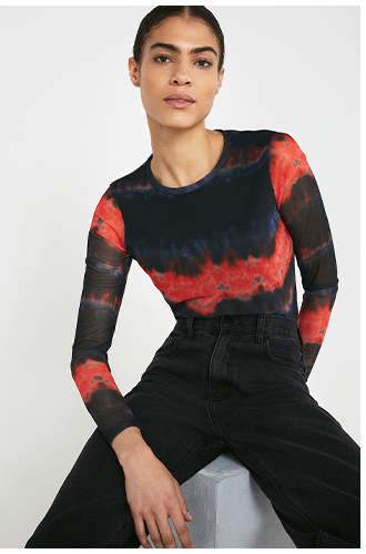 Printed Mesh Long Sleeve Top