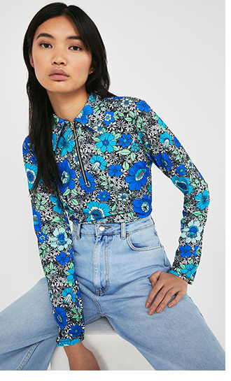 Printed Zip Collared Top