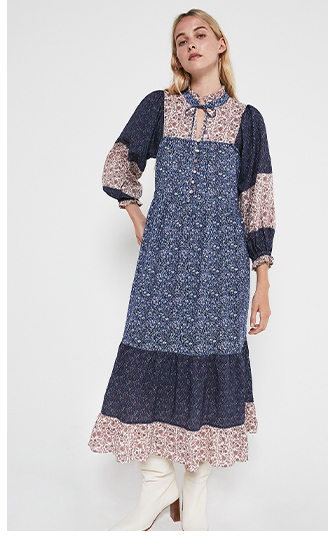 Print Mix Tie Neck Midi Dress
