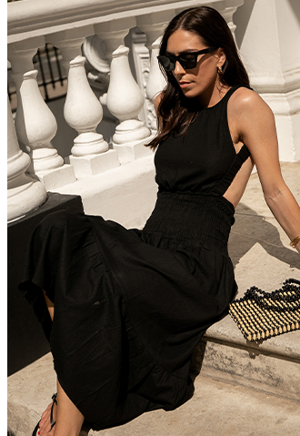 Linen Mix Shirred Open Back Midi Dress as worn by @jessicaskye