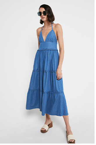 Denim Halter Tiered Midi Dress