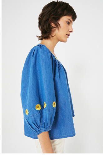 Embroidered Daisy Denim Smock Tops