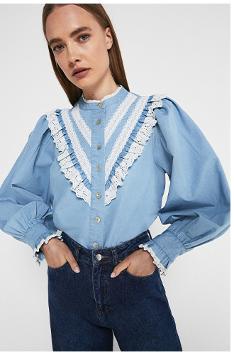 Denim Lace And Frill Detail Shirt