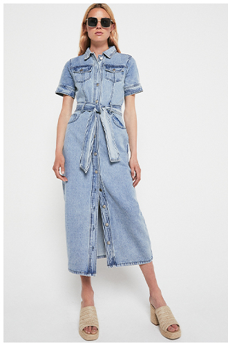 Washed Denim Belted Midi Shirt Dress