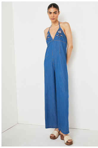 Denim Applique Detail Halter Jumpsuit