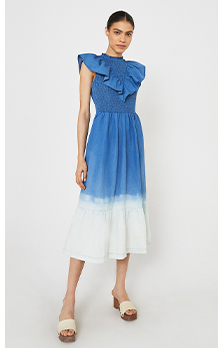 Denim Tie Dye Frill Front Midi Dress