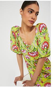 Printed Buckle Puff Sleeve Midi Dress