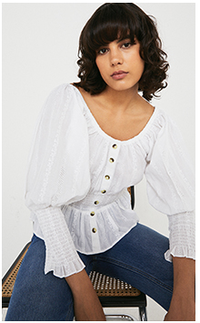 Embroidered Cotton Scoop Neck Puff Sleeve Top