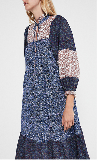 Print Mix Tie Neck Midi Dress