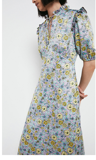Midi Dress In Floral With Frill Hem