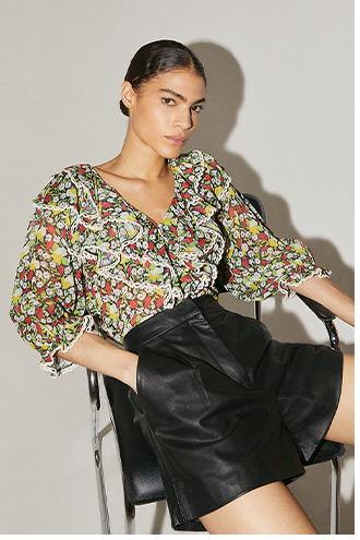 Printed Ruffle Front Blouse