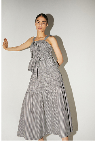 Stripe Shirring Detail Midi Skirt