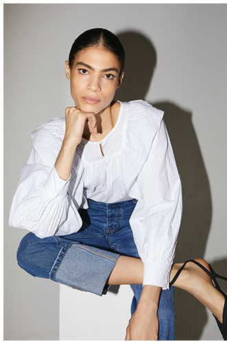 Stripe Seersucker Ruffle Front Blouse