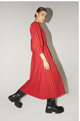 Check Darted Waist Button Front Midi Dress