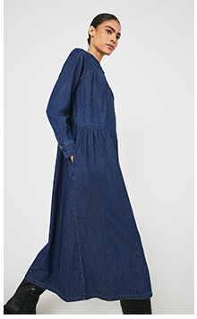 Chambray Gathered Yoke Midi Dress