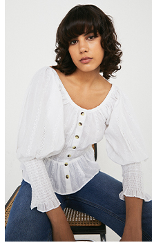 Embroidered Cotton Scoop Neck Puff Sleeve Top