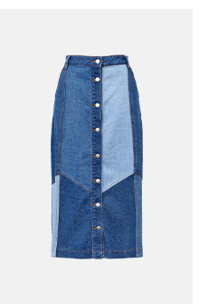 Denim Patchwork Button Front Midi Skirt
