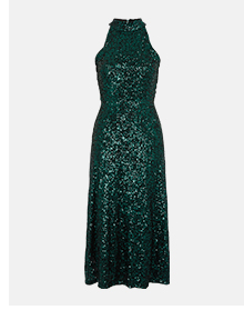 Sequin Halter Drape Back Midi Dress